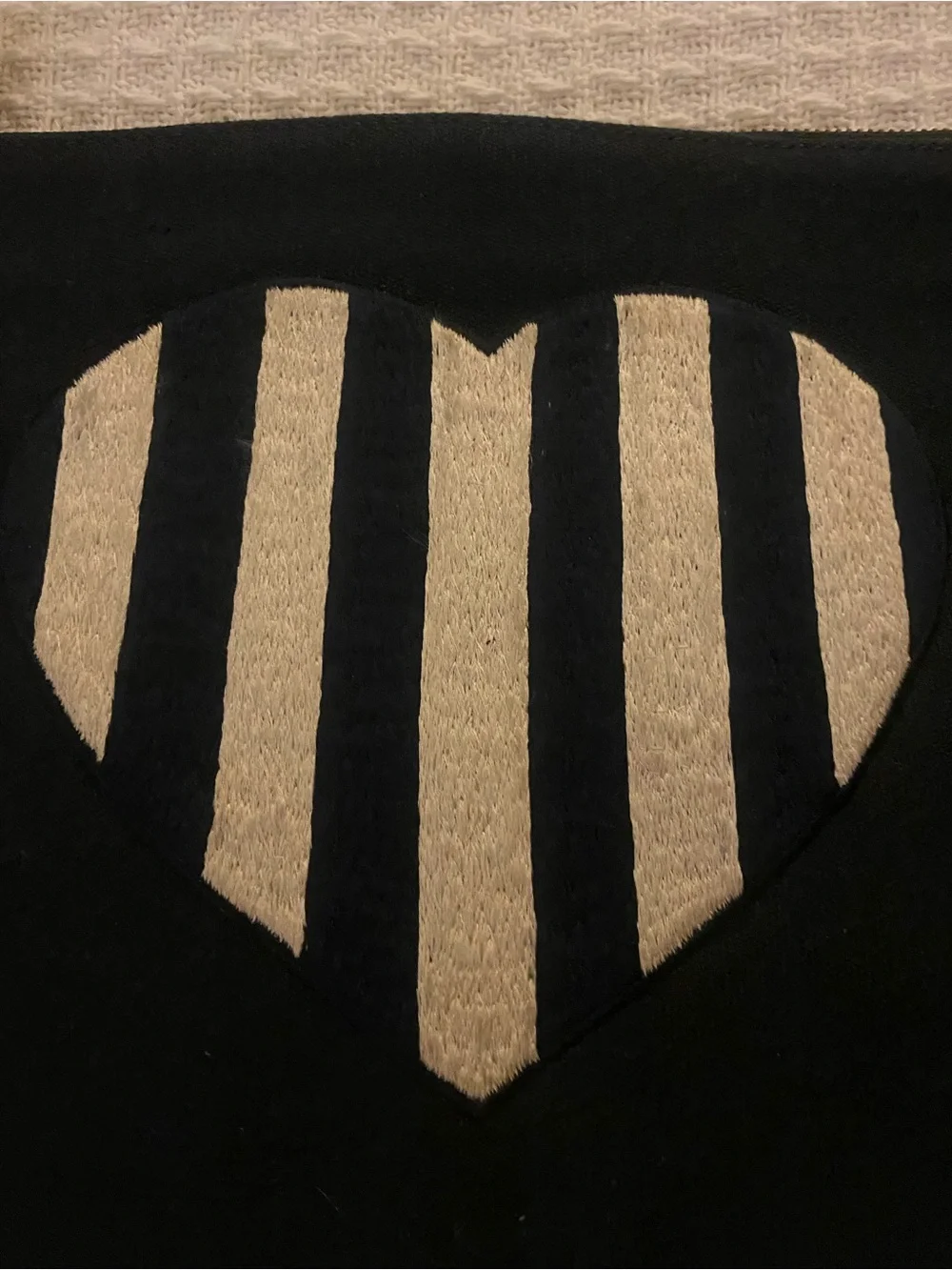 Black canvas Heart Stripe Pouch with Pom Pom Tassels